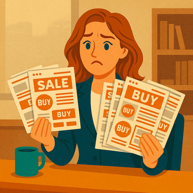 Sad Business Owner Sad businesswoman holding pages as she purchased an expensive website platform and found the multi-page features useless